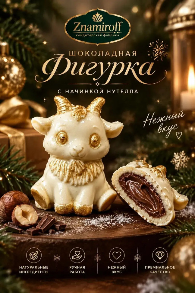  Шоколад фигурный "Мультяшный козлик" белый шоколад с начинкой нутелла(блок 5шт по 70г) в Находке
